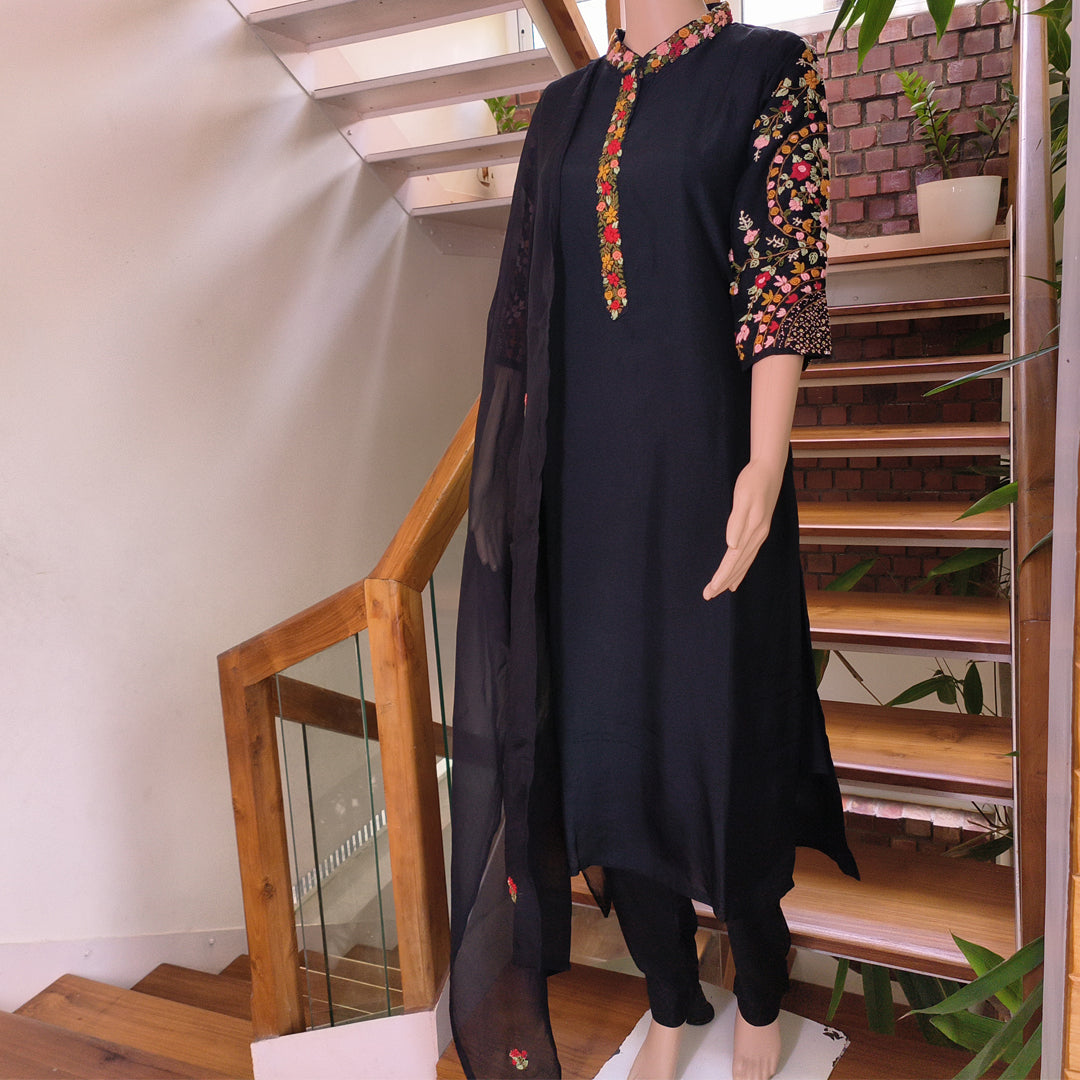 Russian Silk Hand-Embroidered Black Ensemble