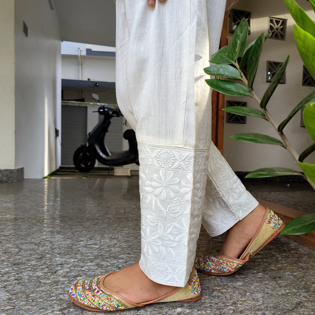 Women's Machine Chikan Cotton Trousers Beige
