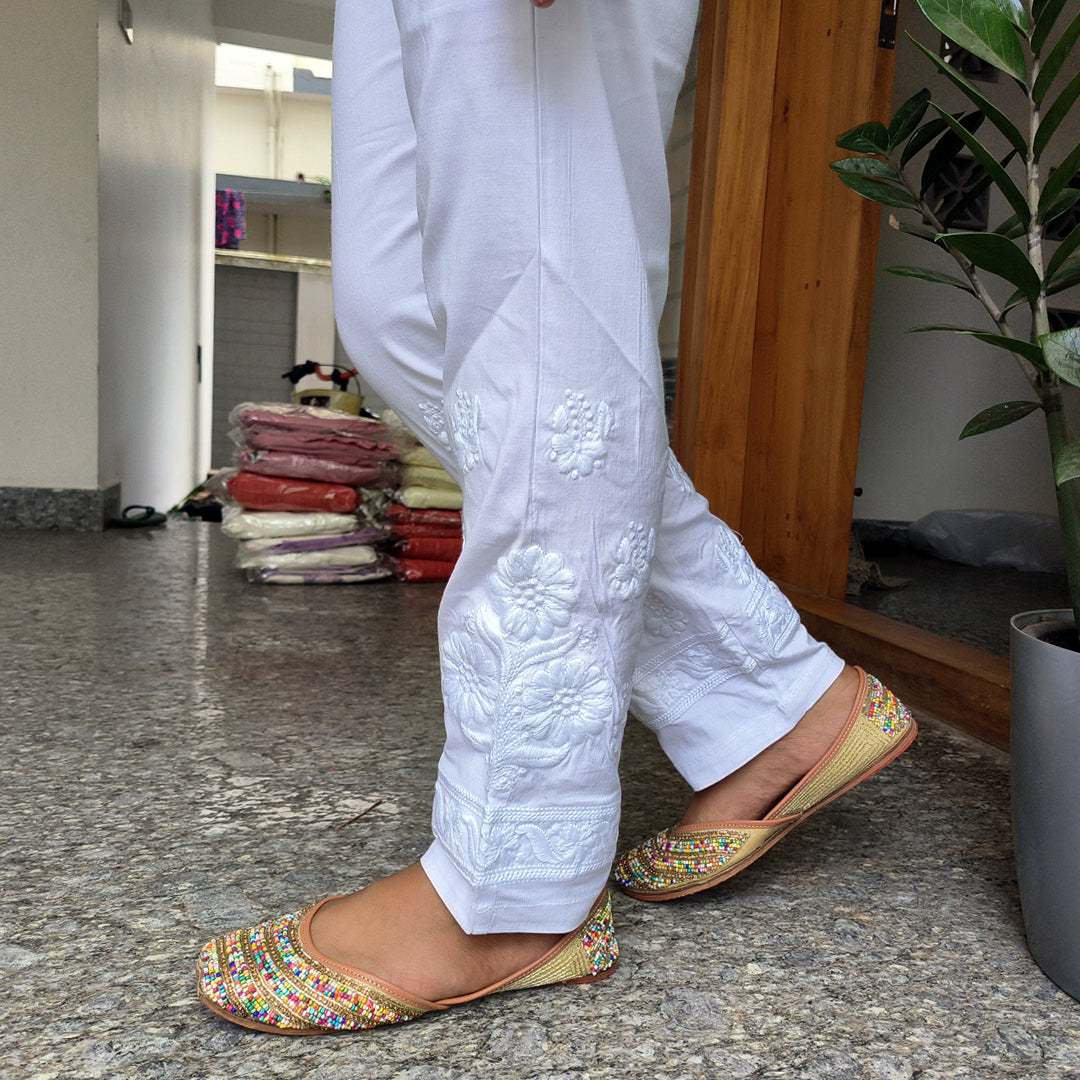 Classic Embroidered White Pants – Elegant & Comfortable