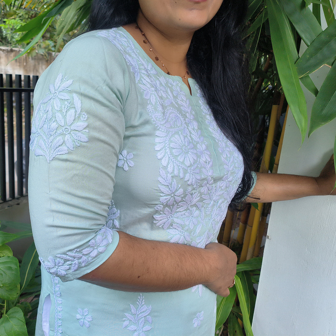Hand-Chikankari Kurti — Imported Rayon Pista Green