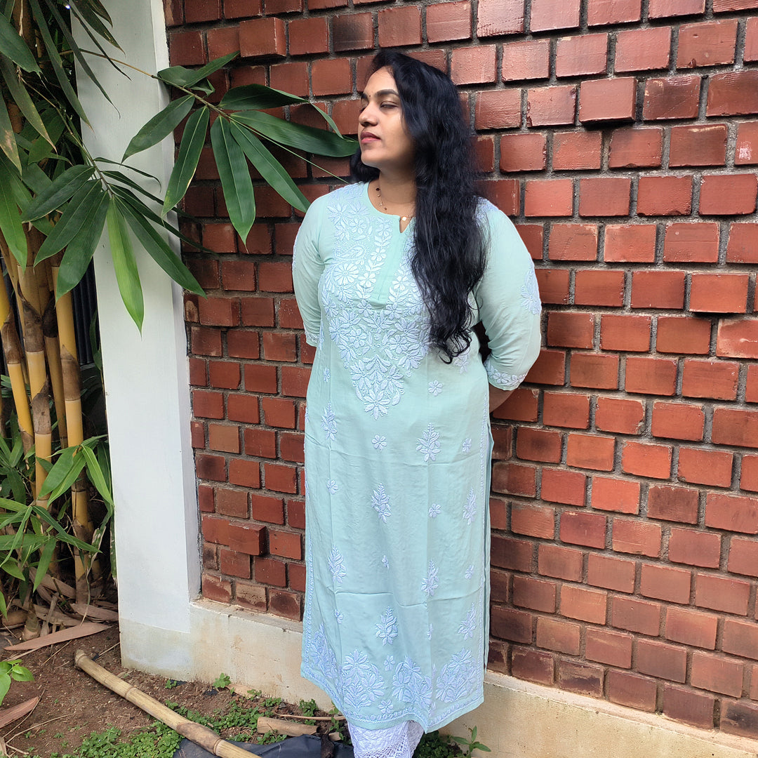 Hand-Chikankari Kurti — Imported Rayon Pista Green