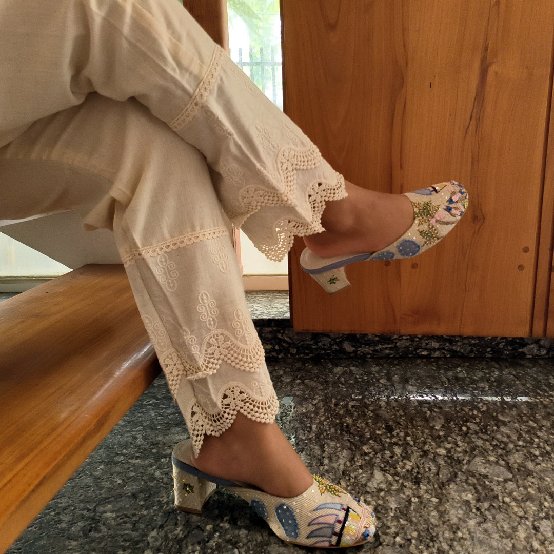 Women's Cotton Trousers with Lace work Beige