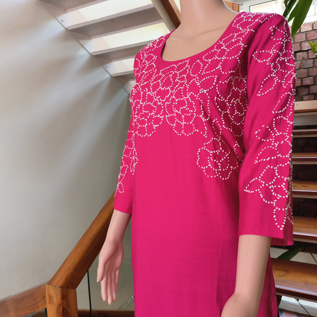 Fuchsia Semi-Silk Kurta with Elegant French Knot Detailing