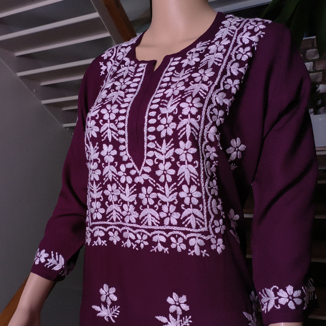 Elegant Rayon Chikankari Kurti Wine Colour