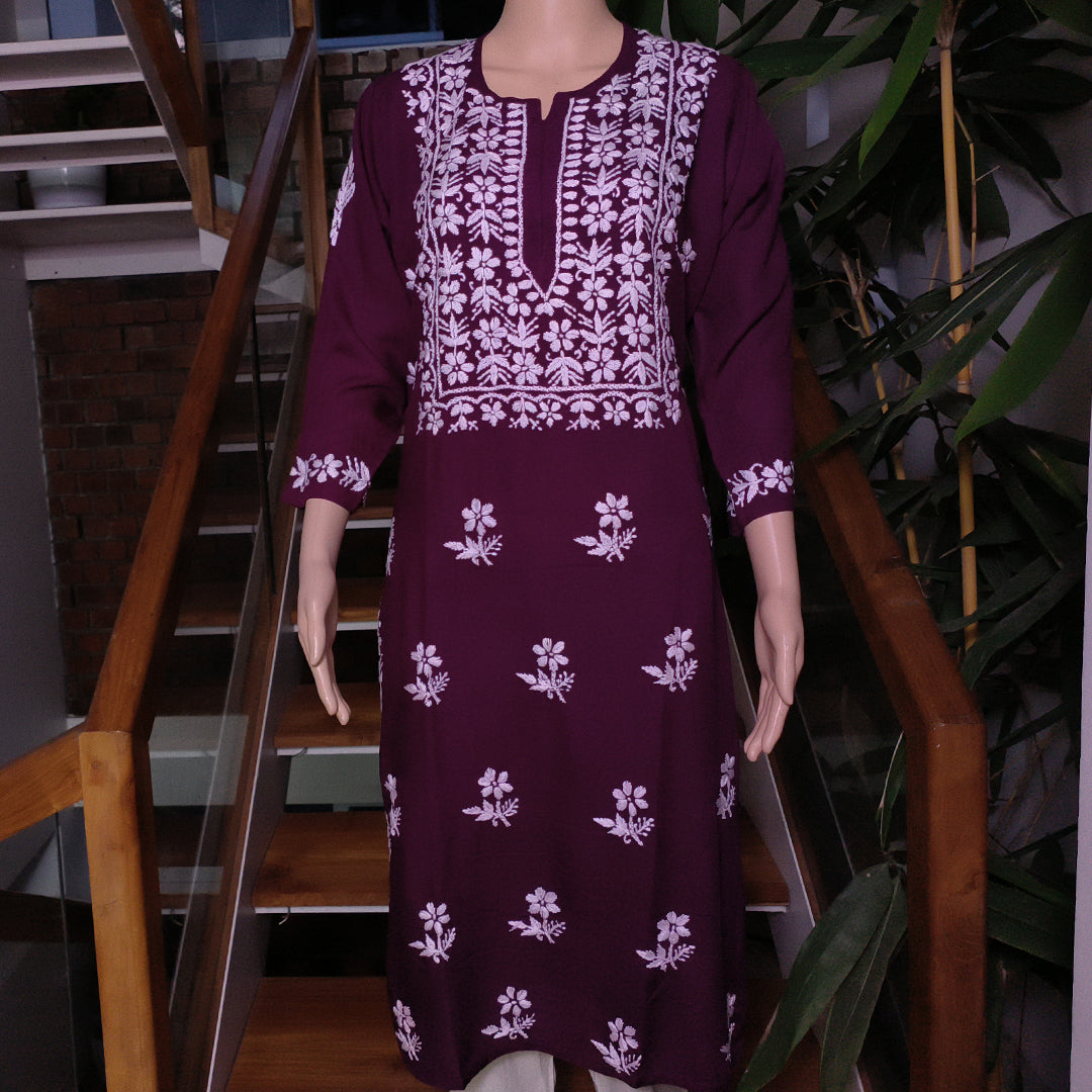 Elegant Rayon Chikankari Kurti Wine Colour