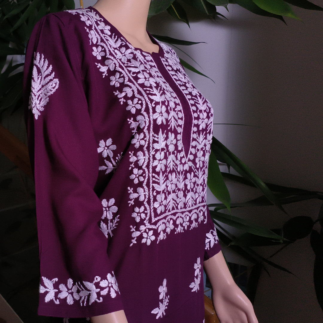 Elegant Rayon Chikankari Kurti Wine Colour