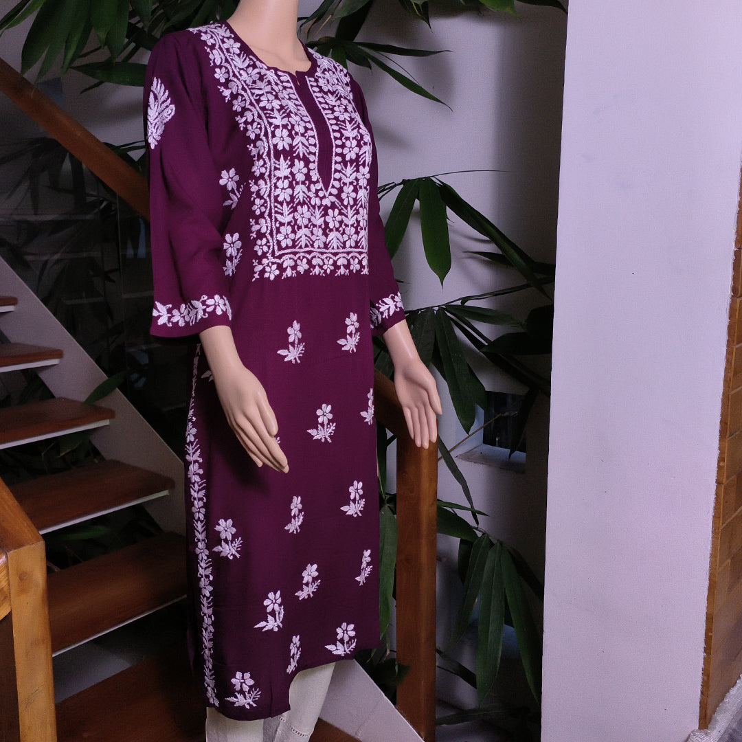 Elegant Rayon Chikankari Kurti Wine Colour