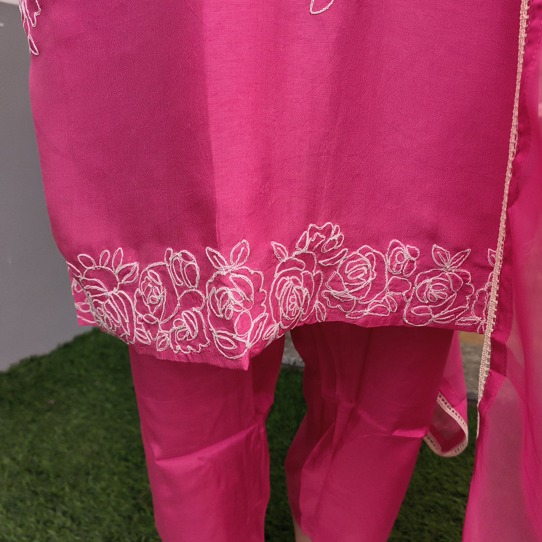 Elegant Rust Pink Russian Silk Kurta Set with Embroidered Details