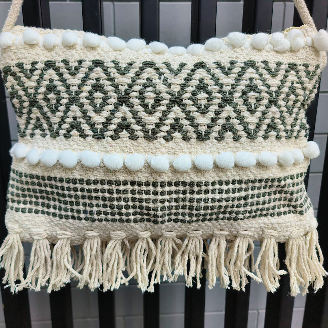 Handwoven Boho-Chic Shoulder Small Bag with Fringe Detailing Olive Green