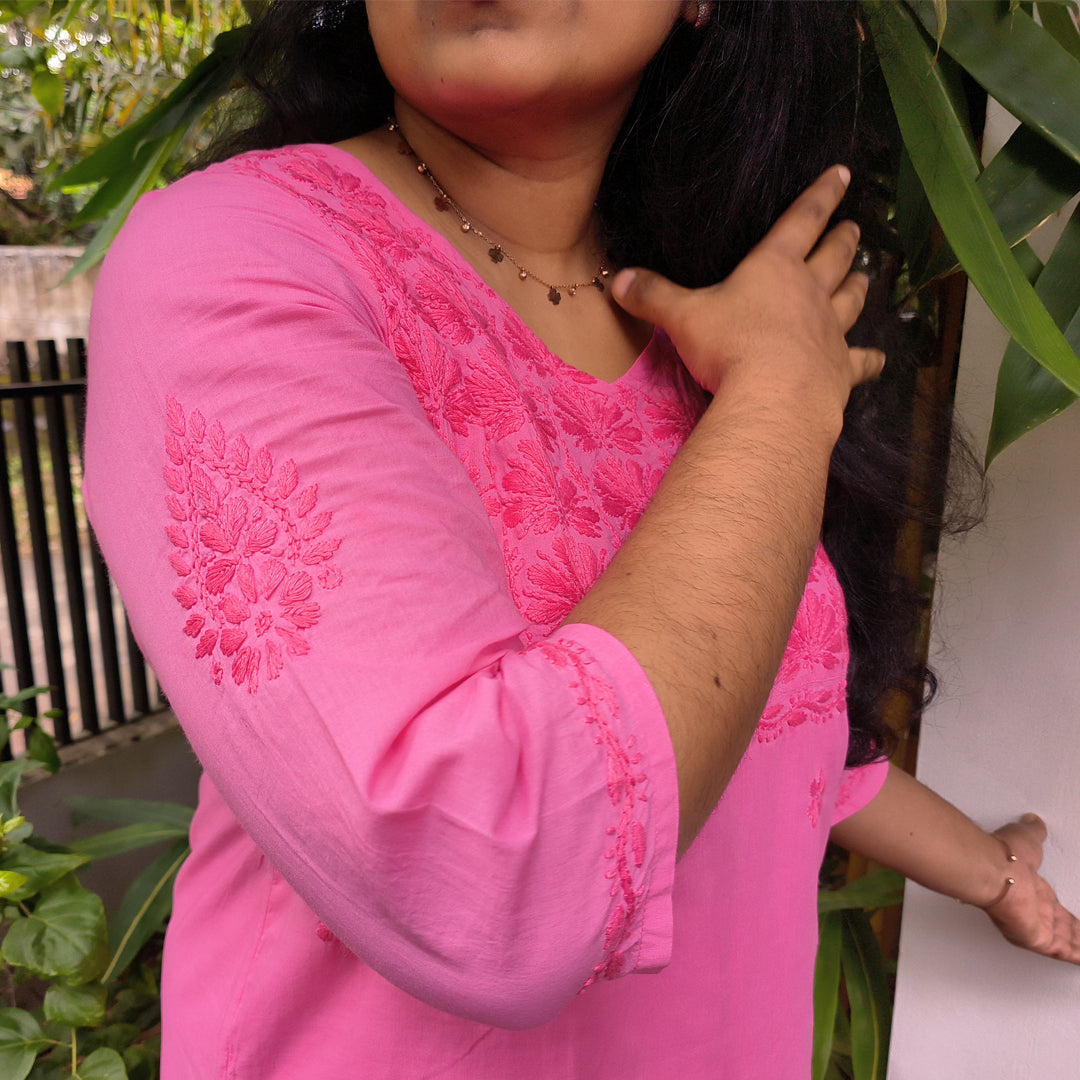 Lucknow Handmade Chikankari Cotton kurti Pink