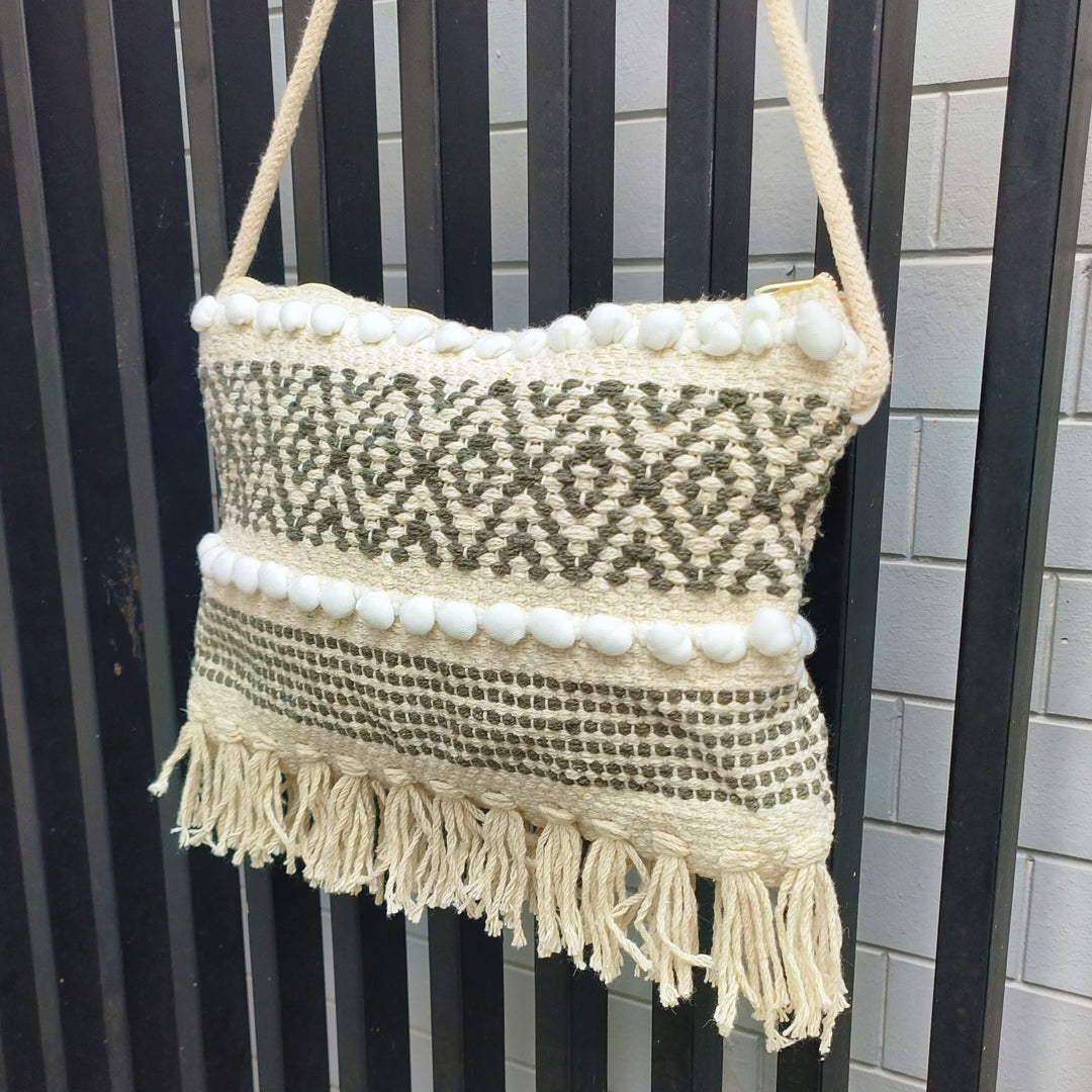 Handwoven Boho-Chic Shoulder Small Bag with Fringe Detailing Olive Green