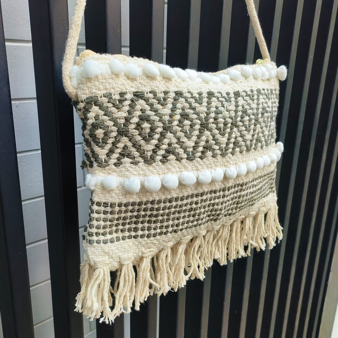 Handwoven Boho-Chic Shoulder Small Bag with Fringe Detailing Olive Green