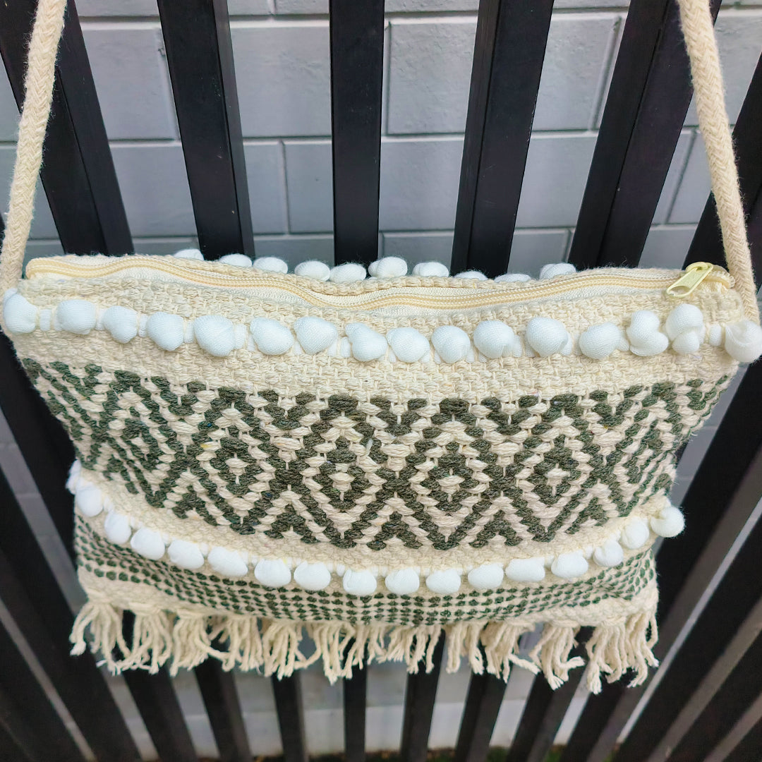 Handwoven Boho-Chic Shoulder Small Bag with Fringe Detailing Olive Green