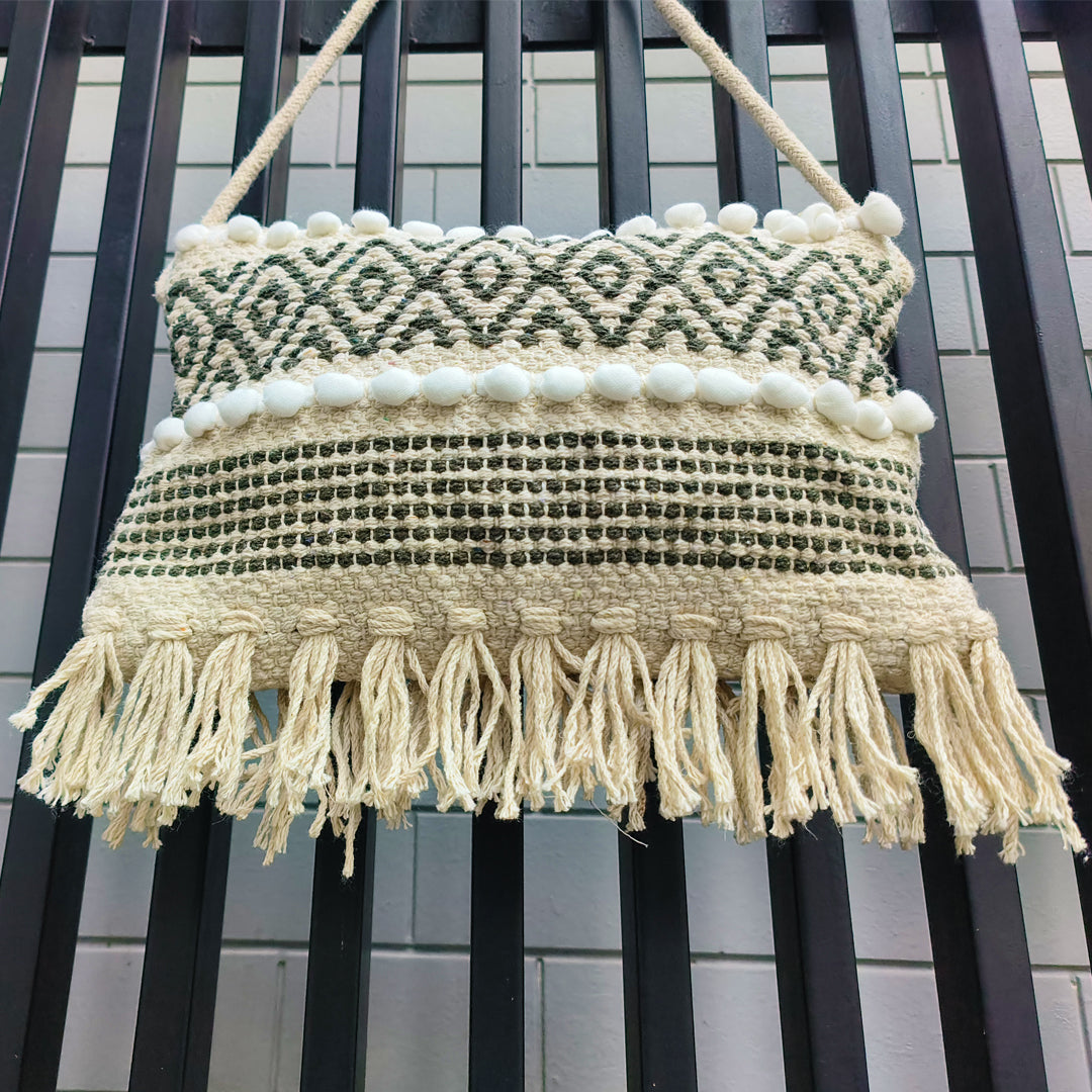 Handwoven Boho-Chic Shoulder Small Bag with Fringe Detailing Olive Green
