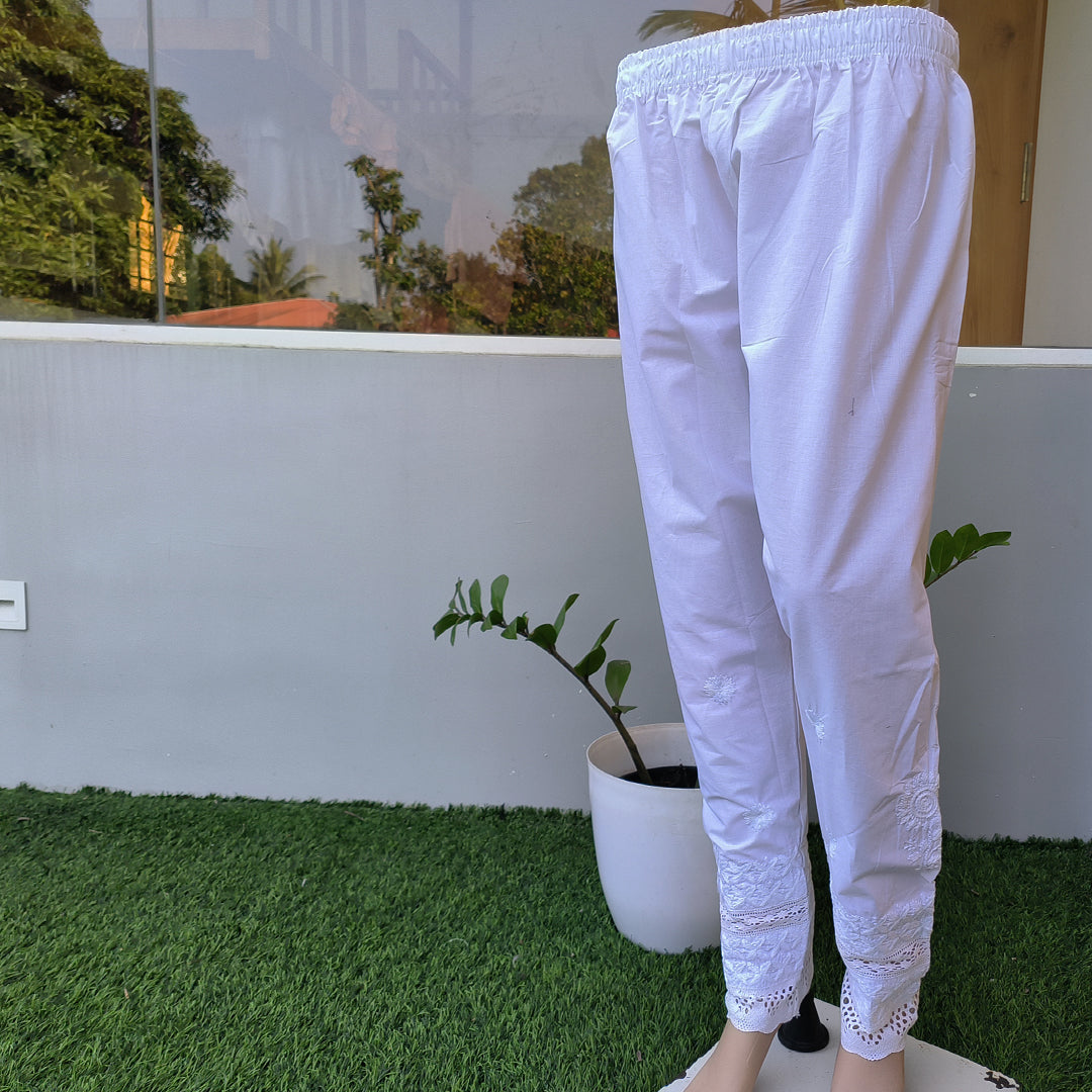 Women's Lucknow Chikan Khadi Cotton Trousers White
