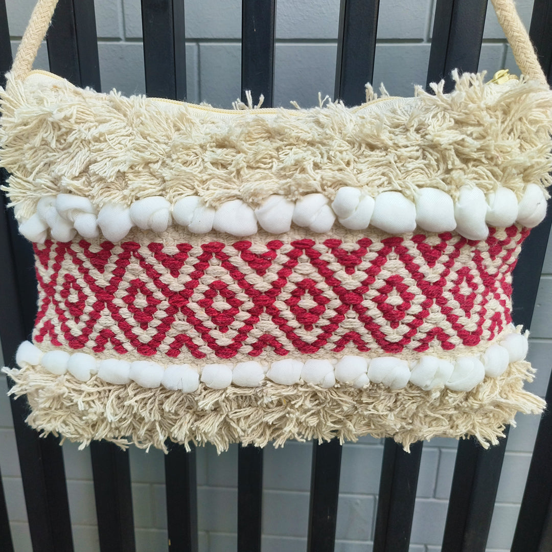 Handwoven Boho-Chic Shoulder Small Bag with Fringe Detailing Red