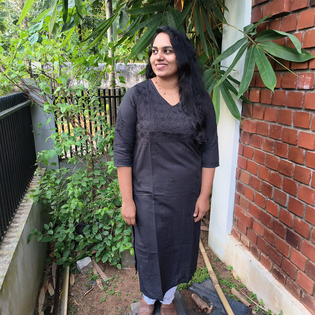 Lucknow Handmade Chikankari Cotton kurti Black