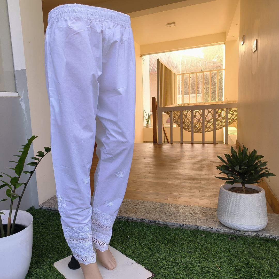 Women's Lucknow Chikan Khadi Cotton Trousers White