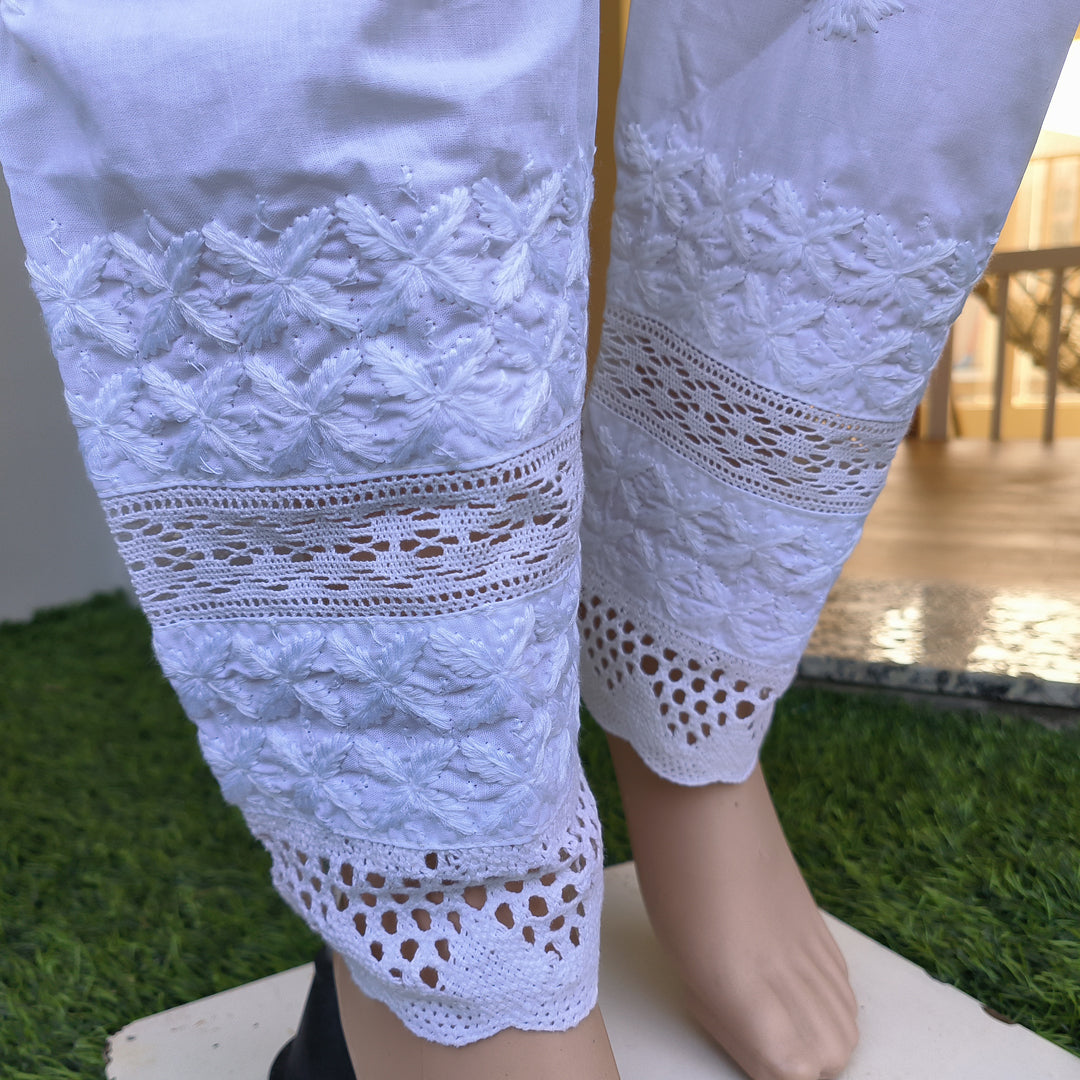 Women's Lucknow Chikan Khadi Cotton Trousers White