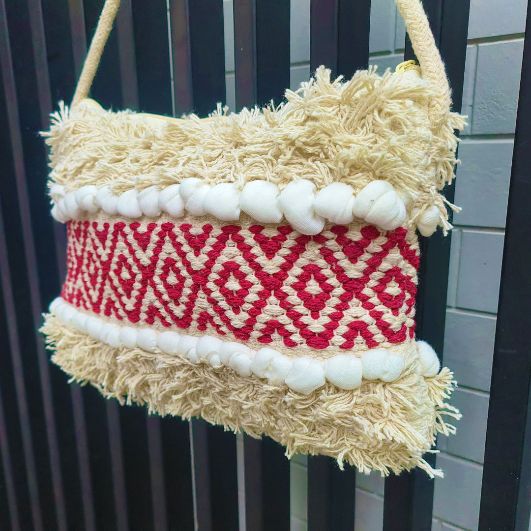 Handwoven Boho-Chic Shoulder Small Bag with Fringe Detailing Red