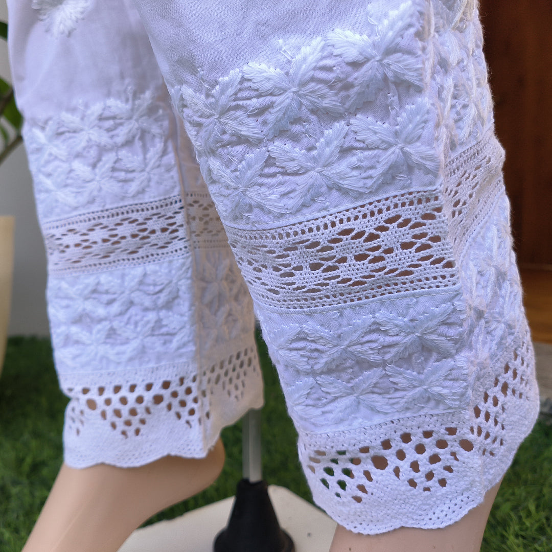 Women's Lucknow Chikan Khadi Cotton Trousers White