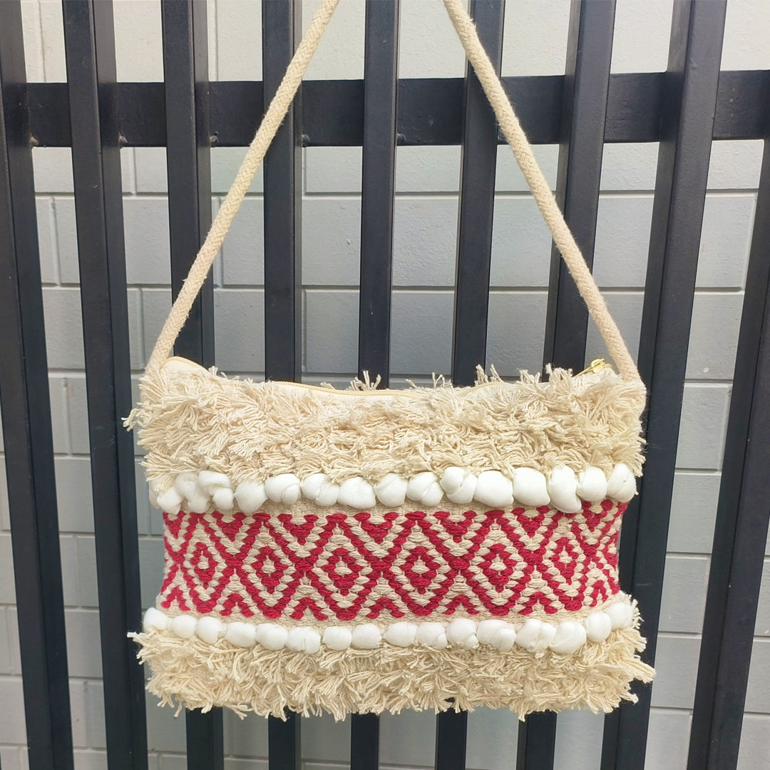 Handwoven Boho-Chic Shoulder Small Bag with Fringe Detailing Red