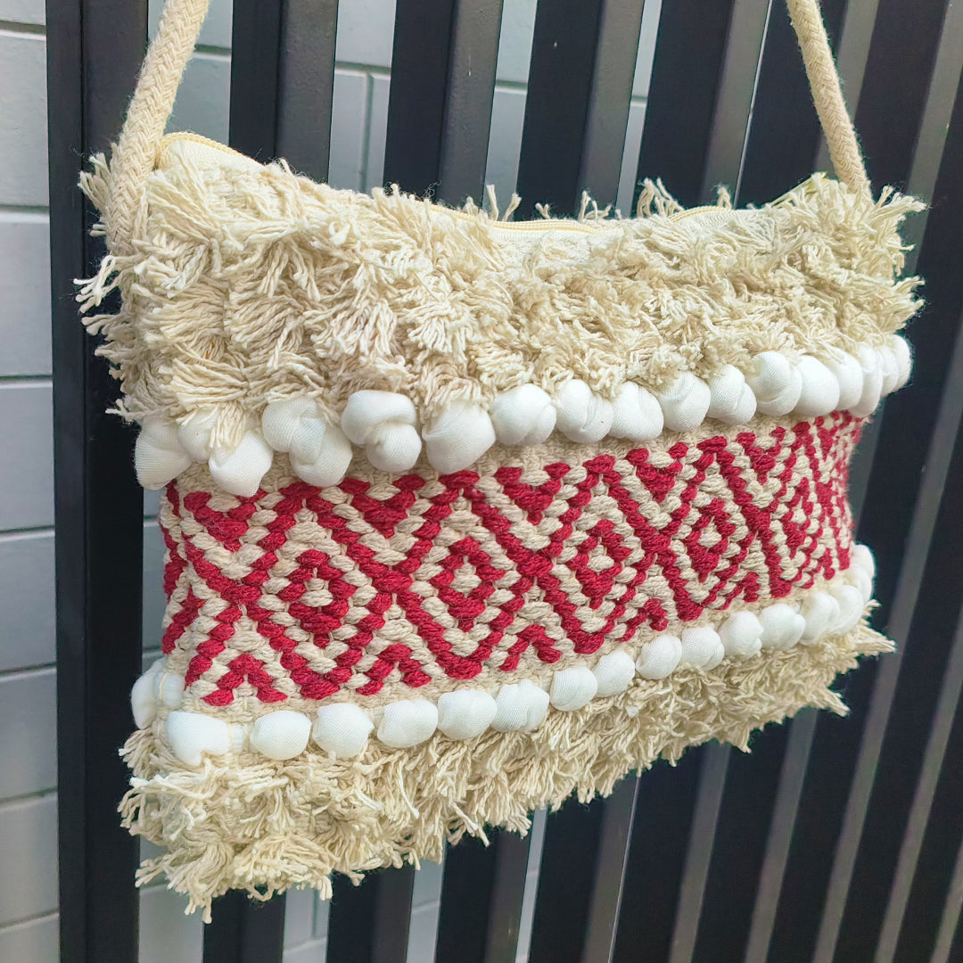 Handwoven Boho-Chic Shoulder Small Bag with Fringe Detailing Red