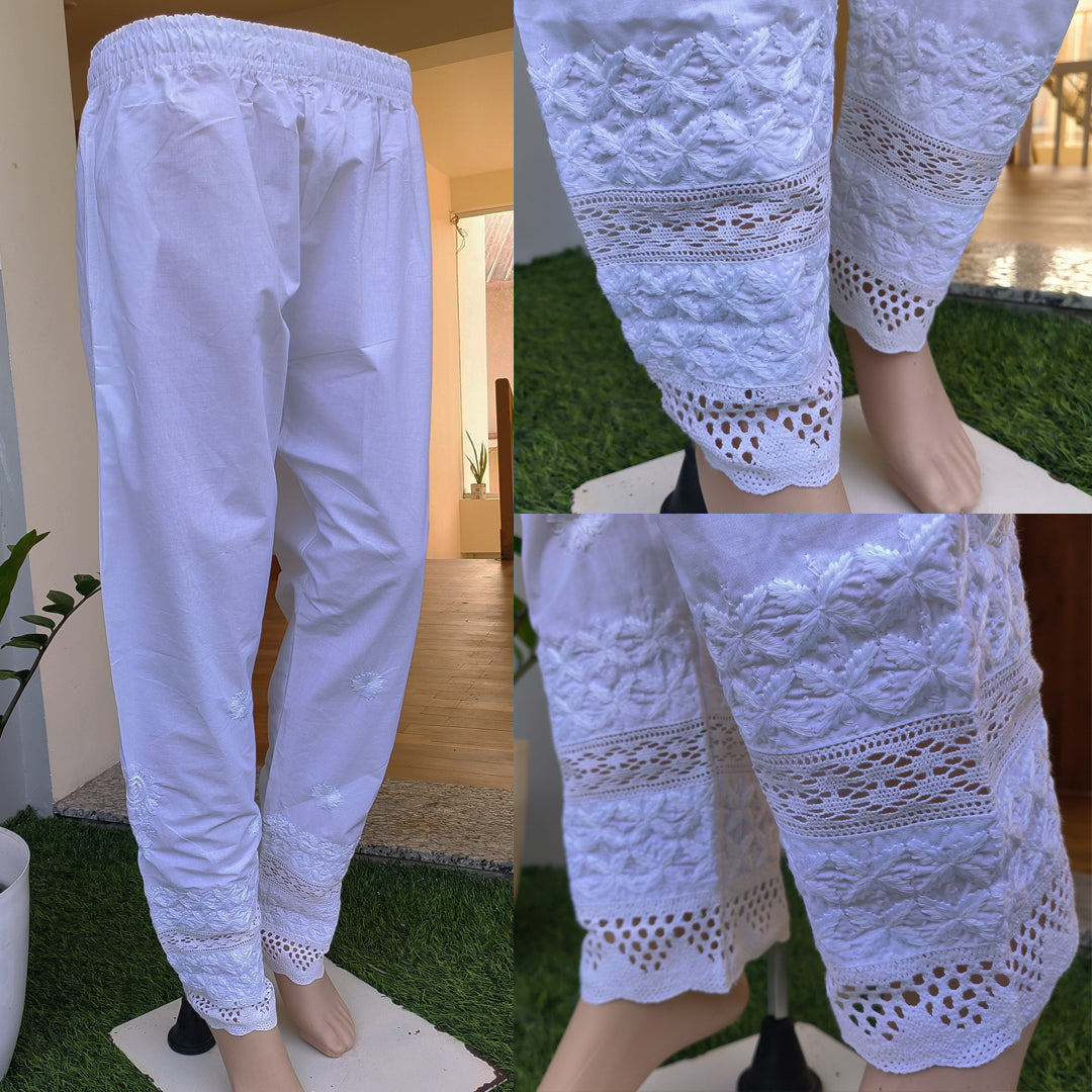 Women's Lucknow Chikan Khadi Cotton Trousers White