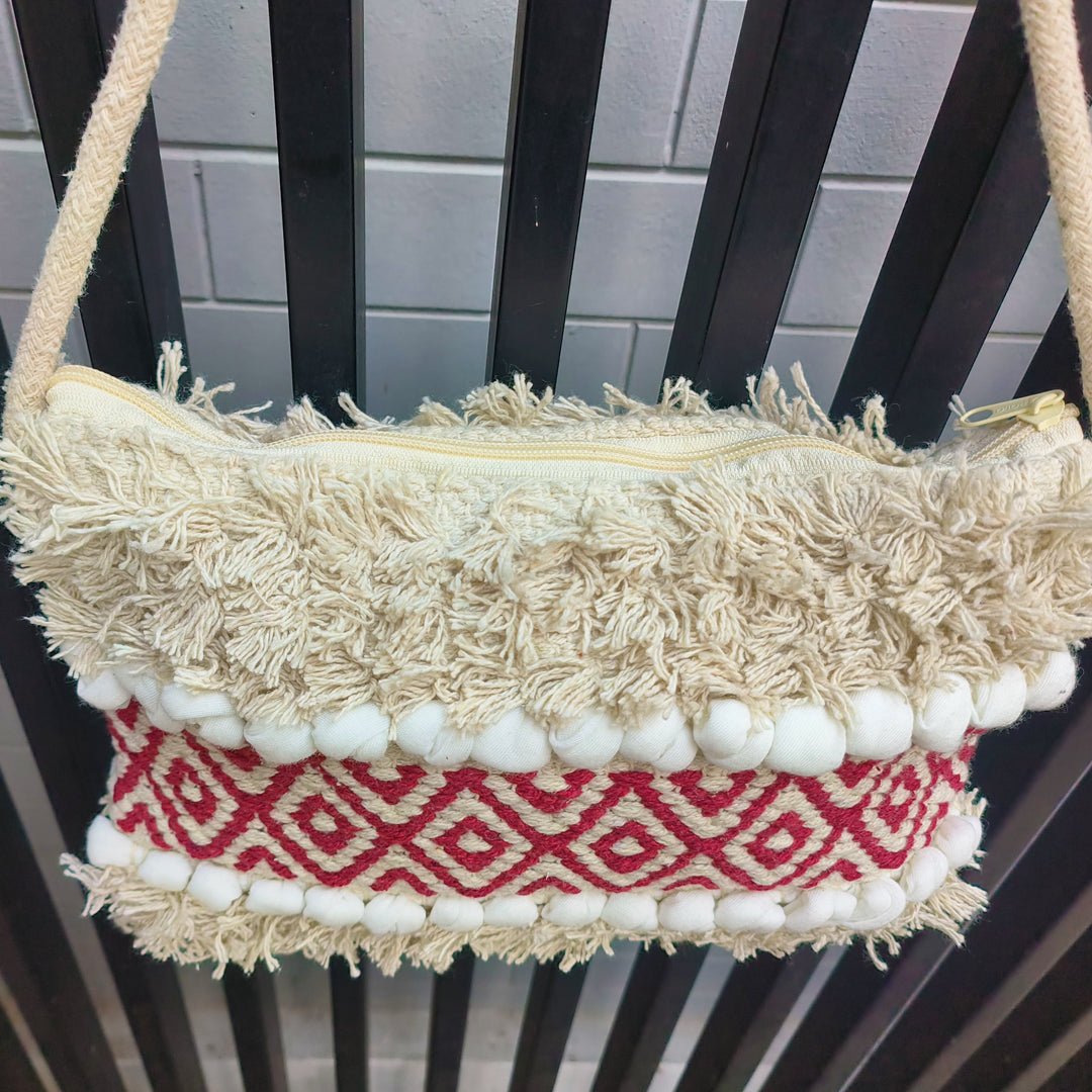 Handwoven Boho-Chic Shoulder Small Bag with Fringe Detailing Red