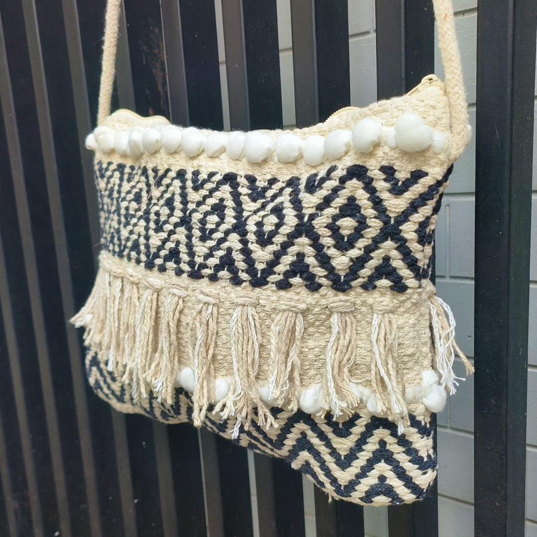 Handwoven Boho-Chic Shoulder Small Bag with Fringe Detailing Black