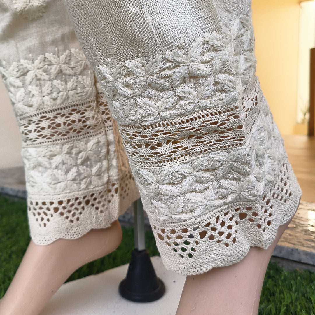 Women's Lucknow Chikan Cotton Trousers Beige
