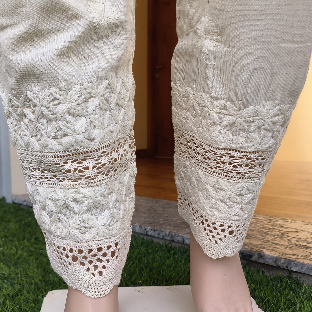 Women's Lucknow Chikan Cotton Trousers Beige