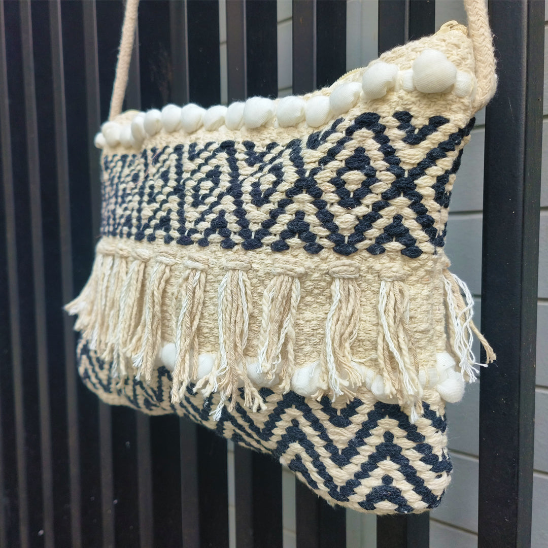 Handwoven Boho-Chic Shoulder Small Bag with Fringe Detailing Black