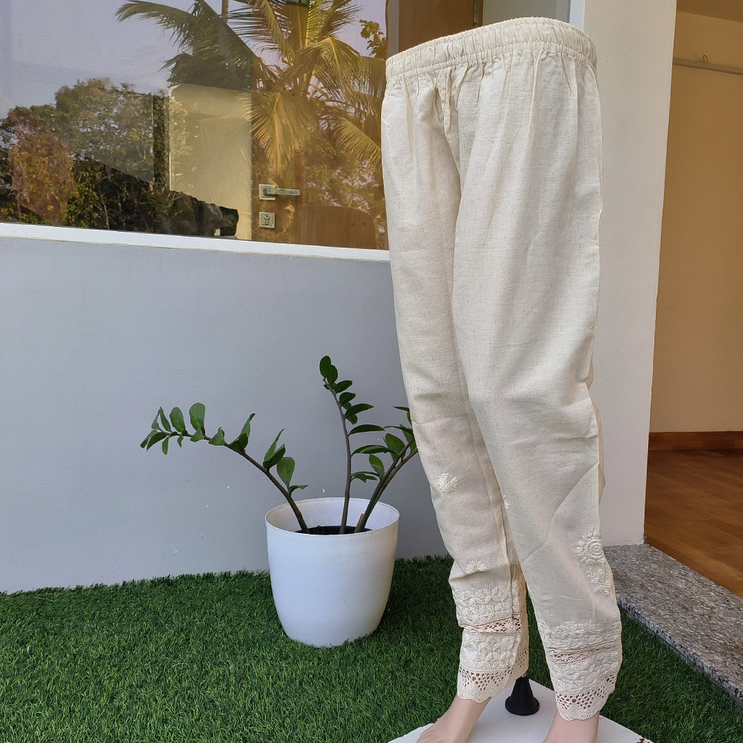 Women's Lucknow Chikan Cotton Trousers Beige