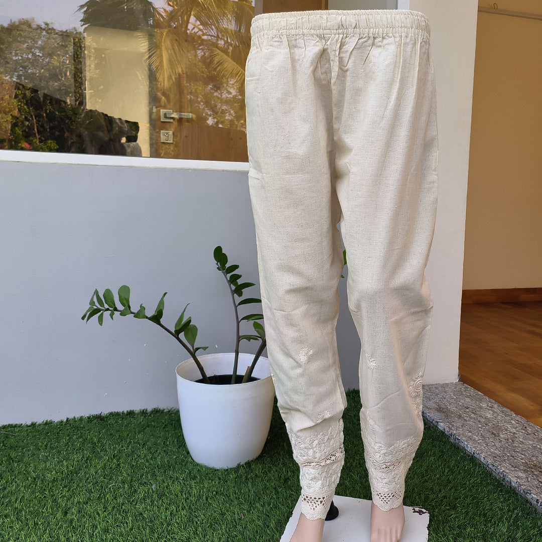 Women's Lucknow Chikan Cotton Trousers Beige