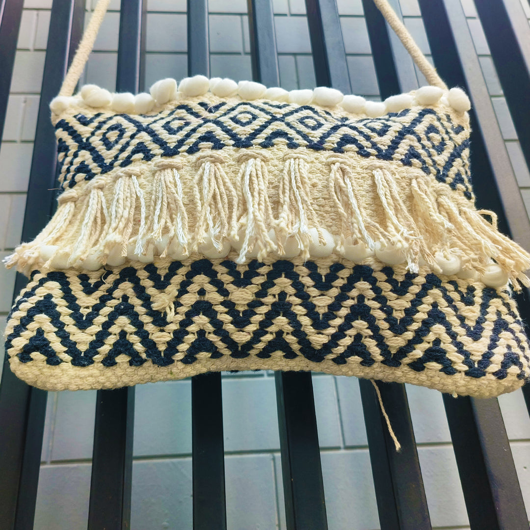 Handwoven Boho-Chic Shoulder Small Bag with Fringe Detailing Black