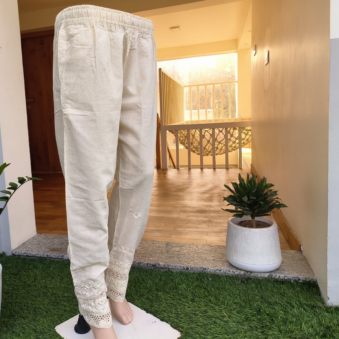 Women's Lucknow Chikan Cotton Trousers Beige