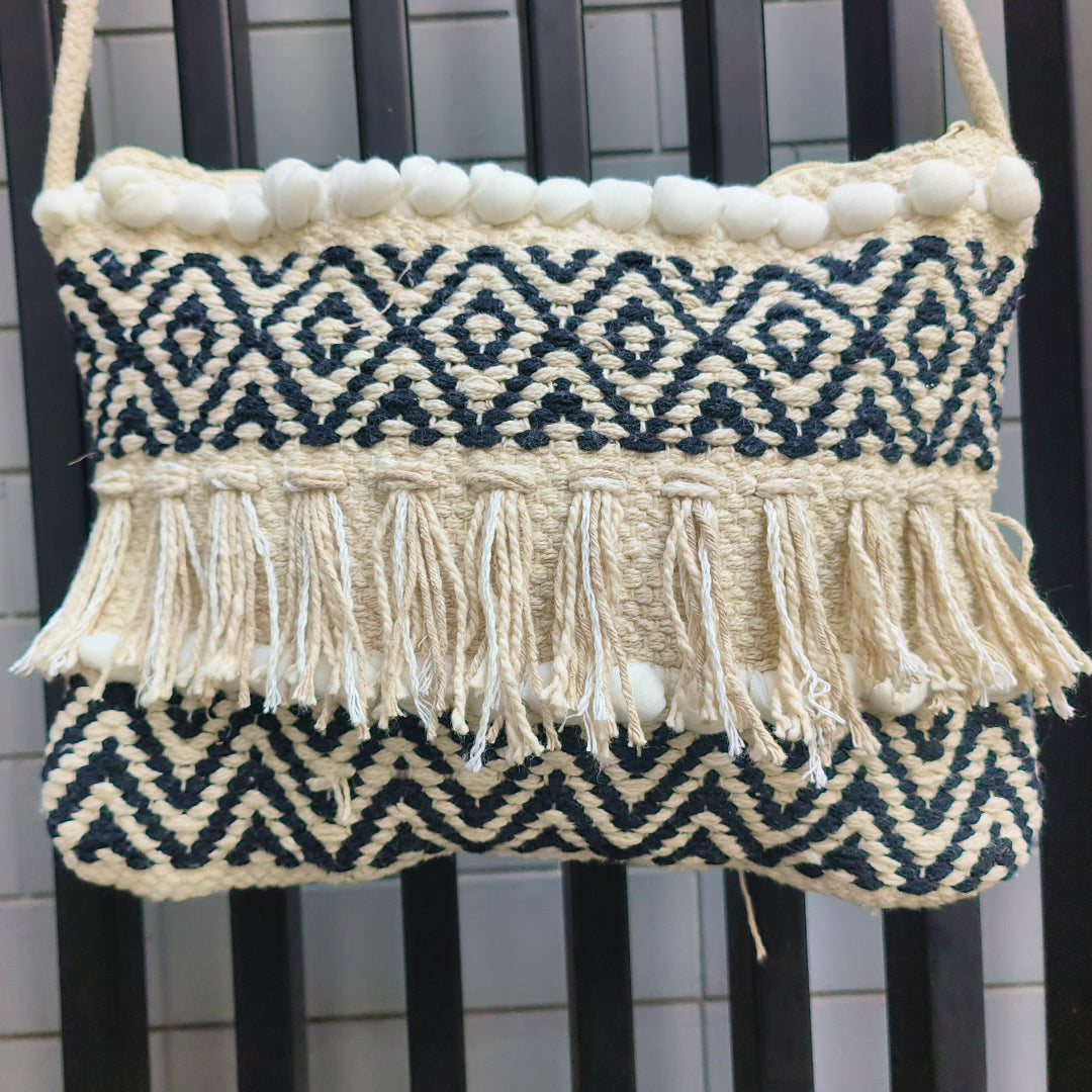 Handwoven Boho-Chic Shoulder Small Bag with Fringe Detailing Black