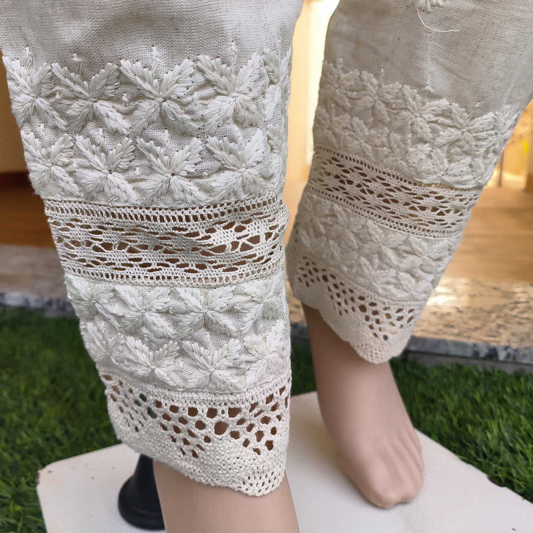 Women's Lucknow Chikan Cotton Trousers Beige