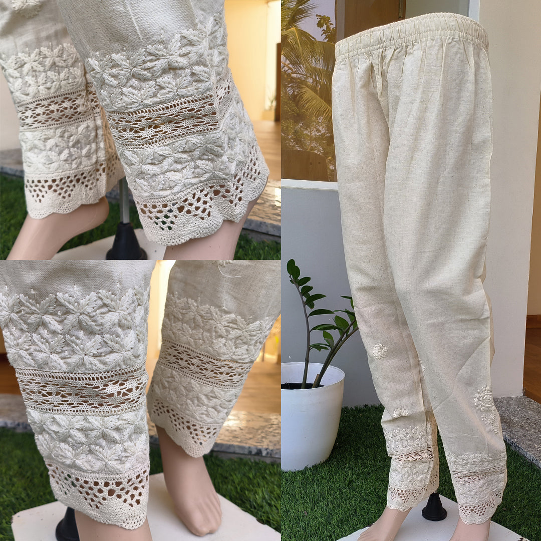 Women's Lucknow Chikan Cotton Trousers Beige