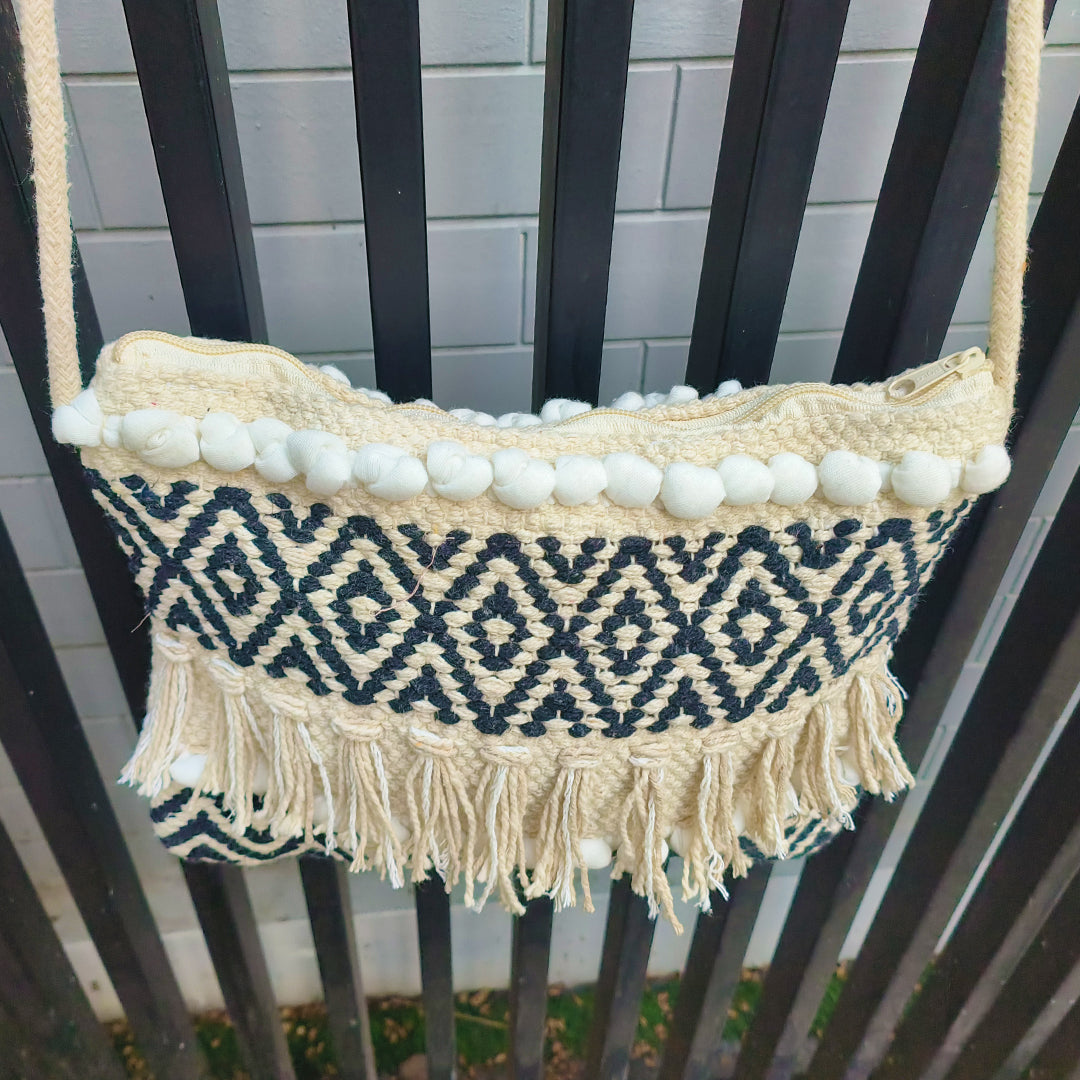 Handwoven Boho-Chic Shoulder Small Bag with Fringe Detailing Black