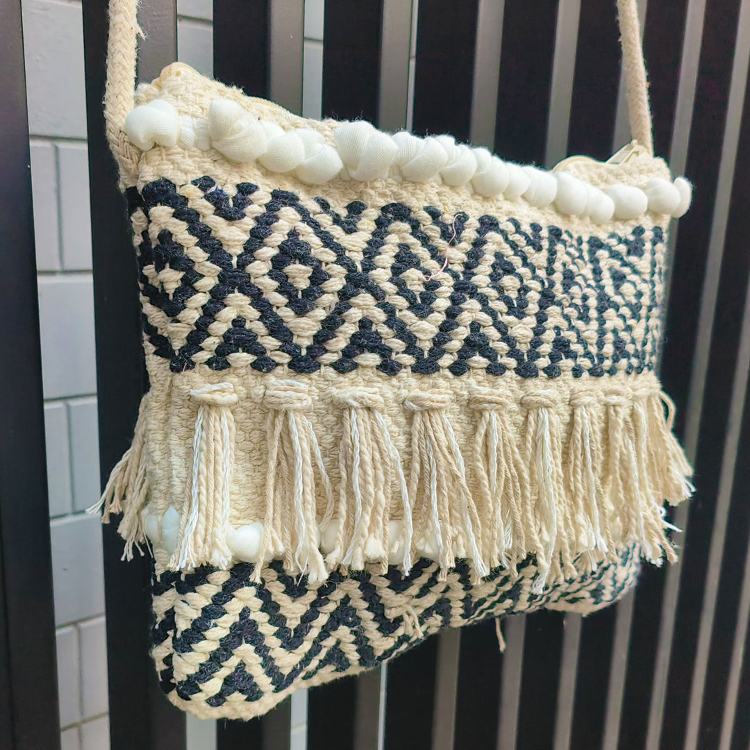 Handwoven Boho-Chic Shoulder Small Bag with Fringe Detailing Black