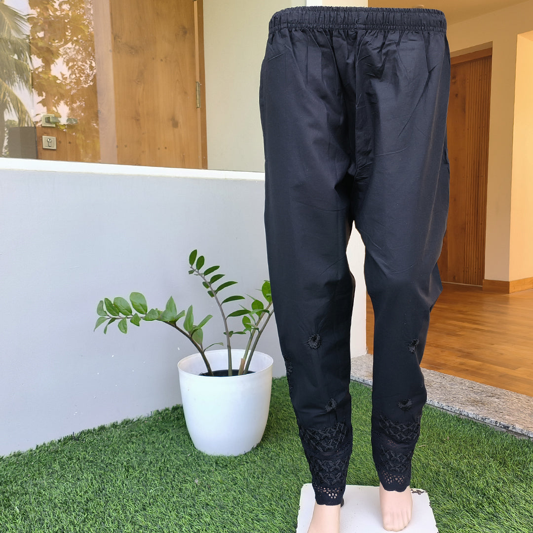 Women's Lucknow Chikan Cotton Trousers Beige Black