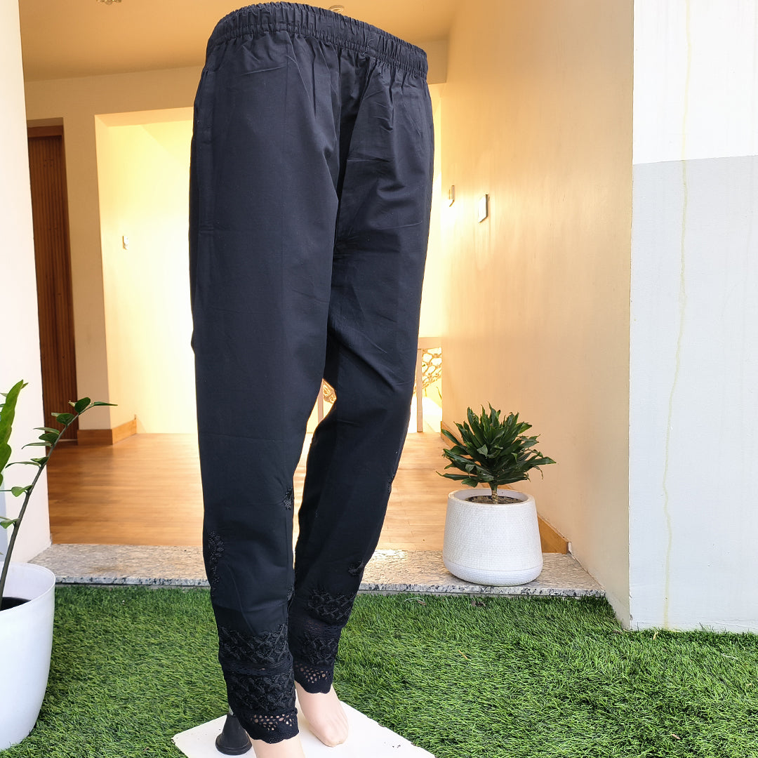 Women's Lucknow Chikan Cotton Trousers Beige Black