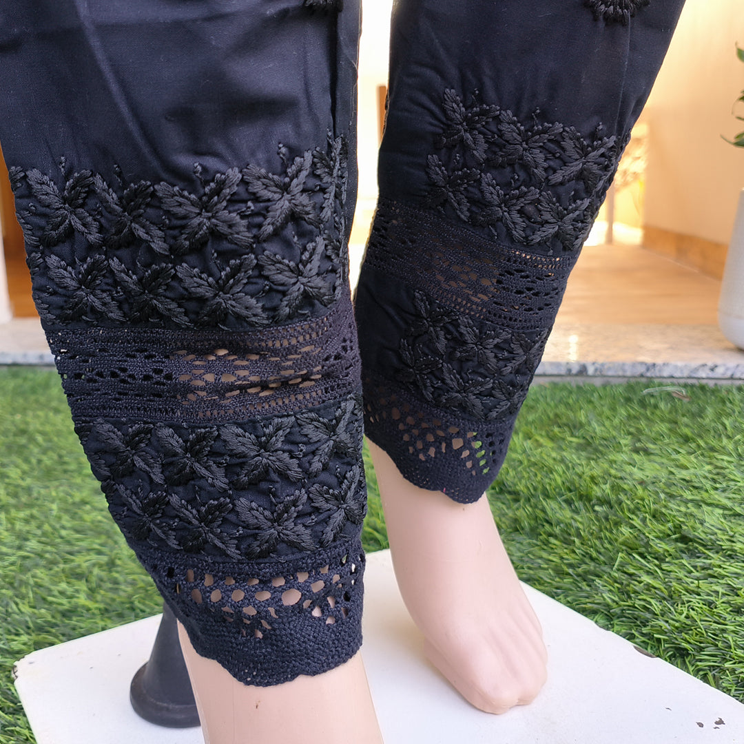 Women's Lucknow Chikan Cotton Trousers Beige Black