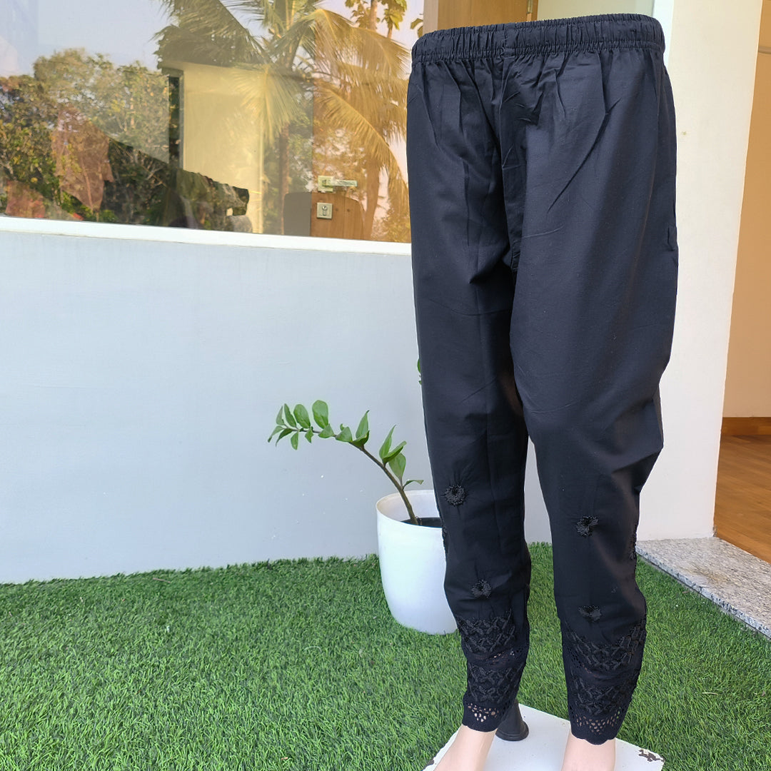 Women's Lucknow Chikan Cotton Trousers Beige Black