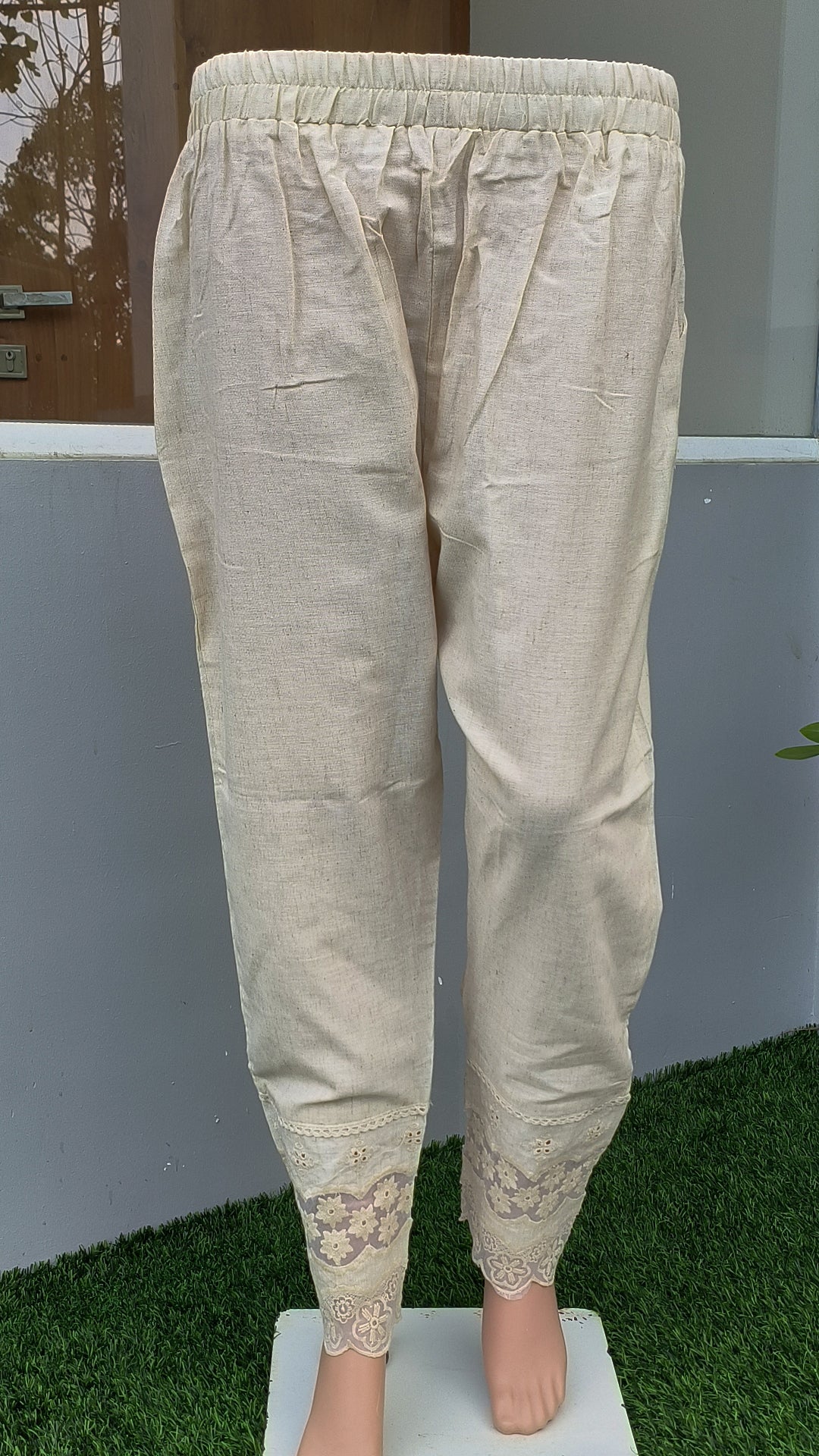Women's Beige Khadi Cotton Bottom with Lace Detailing