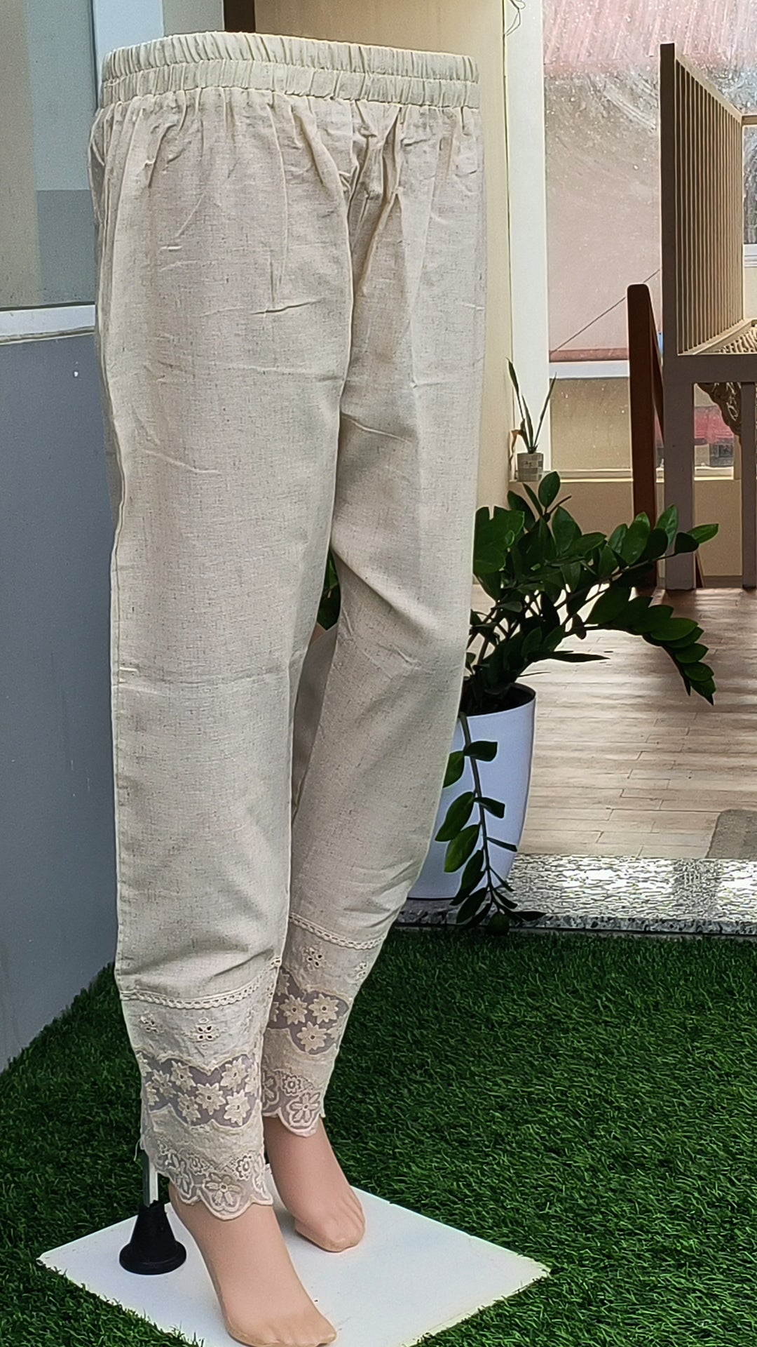 Women's Beige Khadi Cotton Bottom with Lace Detailing