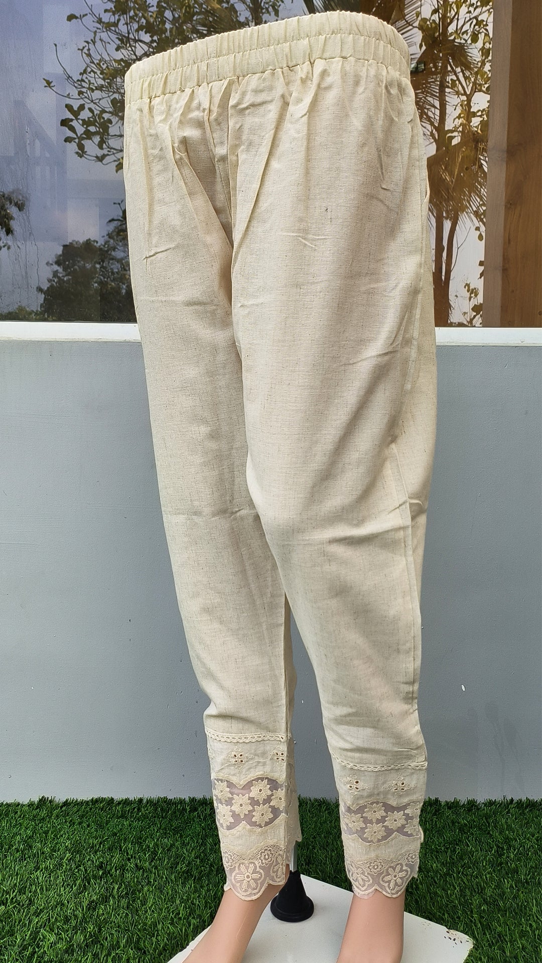 Women's Beige Khadi Cotton Bottom with Lace Detailing