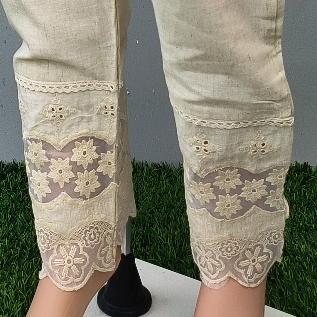 Women's Beige Khadi Cotton Bottom with Lace Detailing